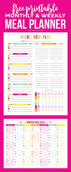 the printable meal planner is shown in pink and yellow