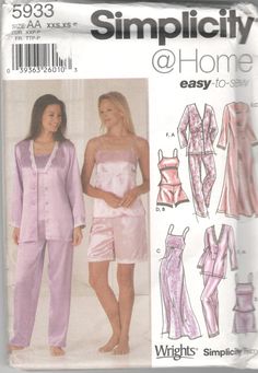 Simplicity 5933 Misses Easy Pajamas Nightgown Robe Bed Jacket Camisole Tap Pants Pattern Womens Sewing Pattern Sz xxs xs s Bust 29-34 UNCUT by mbchills on Etsy Fitted Spring Sleepwear For Home, Fitted Pink Sleepwear For Home, Nightgown Pattern, Women's Sewing Pattern, Tap Pants, Bed Jacket, Pajama Pattern, Simplicity Sewing, Easy Sewing Patterns