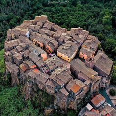 an aerial view of a village in the middle of a jungle area with trees and bushes