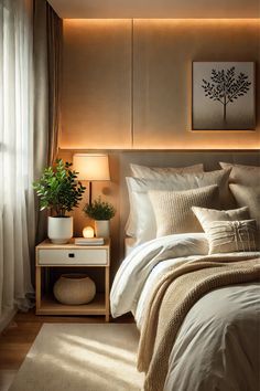 a bedroom with a bed, nightstand and window