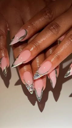 Switch up the classic French tip by opting for a chrome silver tip instead. #affiliates Bride Almond Nails Wedding, Almond Nails Designs Black Women, Almond Baddie Nails, Almond Stiletto Nails Design, Baddie Nails Instagram, Silver Tip Nails, Baddie Nail Designs, Baddie Nail Ideas, Classic French Tip