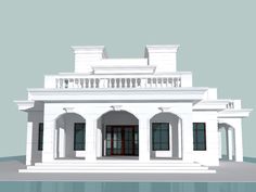 an architectural model of a white house with columns and balconies