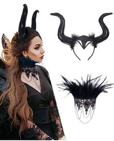 PRICES MAY VARY. Package Included - One Set (Demon Horns Devil Witch Headband*1, Feather Lace Gothic Choker*1) Material - 1. Floral Lace Choker: made of lace with alloy, Adjustable and comfortable to wear; 2.Devil Horn Headpiece: Classic Soft quality silk. Stylish - The combination of devil horn and collar makes you closer to the ancient aristocratic temperament. The unique design of sewn feathers on the collar will make you more charming and elegant to show mystery and darkness. Occasion - The Vampire Choker, Horn Headpiece, Witch Demon, Necklace Vampire, Witch Headband, Maleficent Horns, Headband Costume, Halloween Costume Jewelry, Raven Cosplay