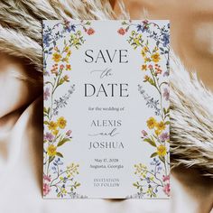 Elegant Save the Date card with boho floral design, including summer wildflowers in yellow, purple, and blue, perfect for garden wedding announcements. Save The Date Ideas Colorful, Colorful Save The Date Ideas, Garden Save The Date, Wildflower Save The Date, Flower Save The Date, Boho Save The Date, Boho Floral Wedding, House Card, Save Our Date