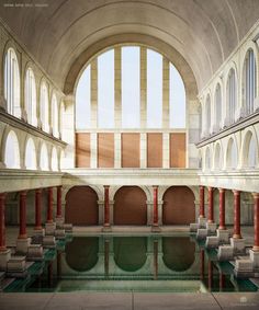 an indoor swimming pool surrounded by arches and columns, with water reflecting in the floor