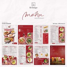 the menu for a restaurant with red and white stripes on it, including food items