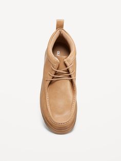 lace-up front pull tab at heel textured outsolespot clean Lace-up Boots With Cushioned Footbed, Casual Lace-up Desert Boots With Textured Sole, Casual Lace-up Boots With Leather Footbed, Deck Boots, Boots Beige, Pull Tab, Toddler Boys, Old Navy, Faux Leather