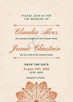 the wedding card is designed to look like an ornate floral design, with orange and red accents