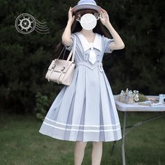 藍白のお嬢様の縦縞クラシカルワンピース Classic Summer Dress With Striped Collar, Classic Striped Summer Dress, Elegant Striped Short Sleeve Dress, Elegant Summer Dresses With Striped Collar, Elegant White Dress With Striped Collar, Elegant Knee-length Dress With Vertical Stripes, Elegant Short Sleeve Dress With Vertical Stripes, Tie Brooch, Classical Dress