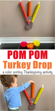 Thanksgiving Toddler Activities, Pom Pom Drop, Thanksgiving Lesson Plans, Thanksgiving Activities Preschool, Thanksgiving Crafts For Toddlers, Thanksgiving Toddler, Color Sorting Activities, Thanksgiving Lessons, Thanksgiving Crafts Preschool