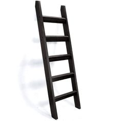 a wooden ladder leaning up against a white wall