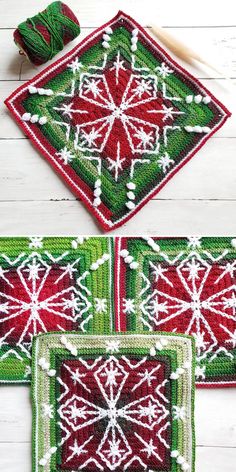 crocheted placemats with snowflakes on them and yarn in the middle