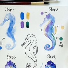 the steps to draw seahorses in watercolor on paper with markers and pencils