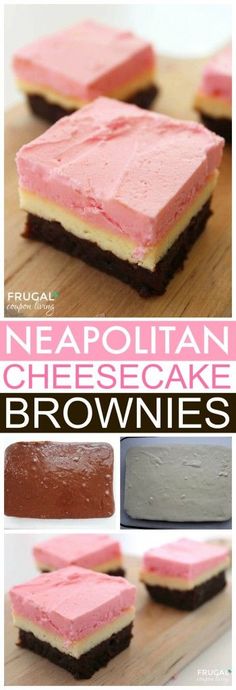 there are four different types of brownies with pink frosting on them and the words, neapolitan cheesecake brownies