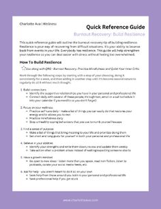 This one page Quick Reference Guide will teach you how to build your resilience so you can recover from burnout. This is one of the strategies I used to recover from burnout. #burnout recovery Natural Wellness, Health Education, Nursing Students, Nursing School