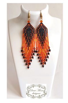 Brick Stitch Long Fringe Earrings halloween, Beaded Earrings, Beaded Jewelry, Present - Etsy Russia Orange Dangle Beaded Earrings With Black Beads, Orange And Black Beads Dangle Earrings, Orange Beaded Earrings With Black Beads, Halloween Beaded Earrings, Seed Beads Diy, Beaded Fringe Earrings, Halloween 3, Earrings Halloween, Long Fringe