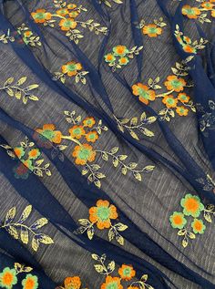 power mesh, navy floral power mesh fabric, orange floral pattern, 4 way stretch fabric, power mesh online store usa, blue color fabric, kiki textiles, soft mesh fabric Blue Floral Embroidered Dupatta For Summer, Summer Blue Dupatta With Floral Embroidery, Spring Multicolor Embroidered Dupatta, Spring Festive Multicolor Dupatta, Summer Floral Print Multicolor Dupatta, Summer Dupatta With Multicolor Embroidery, Bohemian Blue Dupatta For Spring, Multicolor Embroidered Fabric For Spring Festivals, Spring Festive Multicolor Embroidered Fabric