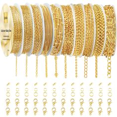 gold plated bracelets and chains are arranged in rows on a white background with clippings