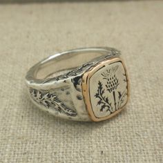 Bronze and Sterling Silver Celtic Scottish Thistle Signet - Etsy Etsy Uk Jewellery, Scottish Jewellery Vintage, Scottish Thistle Ring, Luxury White Engraved Ring As A Gift, Luxury White Engraved Ring As Gift, Designer White Rings For Gifts, Signet Wedding Ring Men, Designer Engraved Rectangular Jewelry, Designer Engraved Ring As A Gift