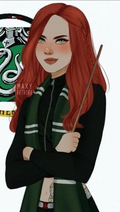 a girl with red hair is holding a wand