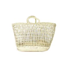 a white basket bag with handles on the front and bottom, sitting against a white background