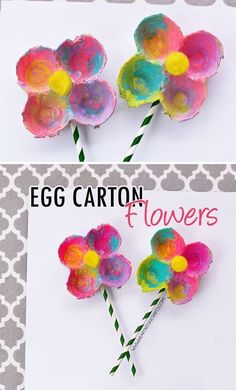 an egg carton flower made out of paper and straws with the words egg carton flowers painted on it