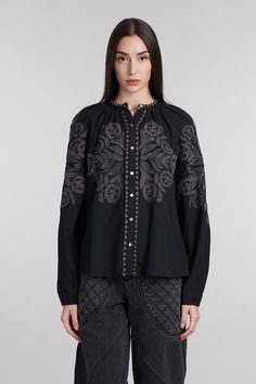 Eglantine Shirt in black cotton, mao collar, long sleeves, frontal buttoning, embroidered on front, straight hem, pearls detail, 100% cotton, Made in India, Model is 180 cm and wear a size S Designer Embroidered Long Sleeve Blouse, Designer Cotton Blouse For Fall, Tom Ford Handbags, Antik Batik, Stella Mccartney Bag, Pleats Please Issey Miyake, Black Cotton, Dress To Impress, Batik