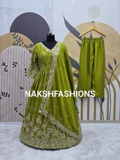 Fabric Detail* 🧵 👗 *Gown Fabric* :Pure Heavy  Chinnon Silk With *Full Heavy Embroidery Sequence Work* With Real Mirror Hand Work With*Full Sleeve*  👗 *Gown Inner* : Micro Cotton Fully  ✂️📏*SIZE*:XL(42) *(Fully Stitched Ready To Wear)* 👗 *Gown Length* : 54-55 Inches  👗 *Gown Flair*     : 3 Meter  👗 *Bottom Fabric* : Micro Cotton  ( *Fully Stiched*) With elastic  👗 *Dupatta Fabric* : Pure heavy Chinnon Silk With Embroidery Sequence Work With Real Mirror Hand Work Four Side Less Border Pista Green Maxi Length Sharara For Festive Occasions, Green Choli With Dabka Work, Festive Pista Green Maxi Length Sharara, Festive Long Georgette Choli, Green Unstitched Choli With Dabka, Pista Green Anarkali Set Floor-length, Pista Green Floor-length Anarkali Set, Festive Green Maxi Length Choli, Green Bollywood Choli With Dabka Embroidery