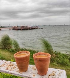 two clay pots sitting on top of a metal rail