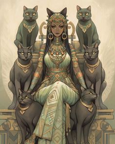 a woman sitting on top of a chair surrounded by cats