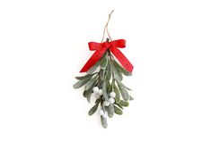 an ornament hanging from a red ribbon on a white wall with mist and berries