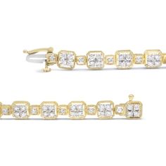 Showcasing a glamorous look to illuminate your every style choice, this stylish link bracelet features an array of shimmering diamonds in a square silhouette for a modern edge. This sophisticated design showcases square-shaped links of alternating sizes, each outlined with intricate milgrain borders. The larger boxed squares feature four, prong-set round diamonds, while the smaller squares each feature just one diamond. This geometric motif is certain to elevate your style and mood with its spar Luxury Rectangular Diamond Cut Bracelet, Luxury Rectangular Brilliant Cut Diamond Bracelet, Luxury Rectangular Diamond Cut Tennis Bracelet, Luxury Rectangular Diamond Bracelet For Anniversary, Rectangular Diamond Tennis Bracelet With Accents, Elegant Diamond Tennis Bracelet With Rectangular Shape, Formal Rectangular Tennis Bracelet With Diamond Accents, Rectangular Diamond Bracelet With Jubilee Design, Formal Diamond Bracelet With Rectangular Accents