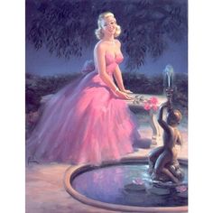 a painting of a woman in a pink dress next to a fountain