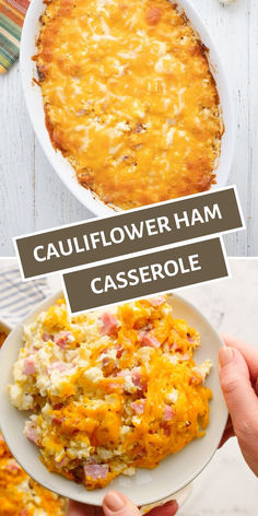 Two photo collage of keto cauliflower casserole with ham. Keto Ham Recipes, Ham Casserole, Leftover Ham Recipes, Recipes Low Carb, Cauliflower Casserole, How To Cook Ham, Keto Side Dishes, Leftover Ham, Low Carb Diet Recipes