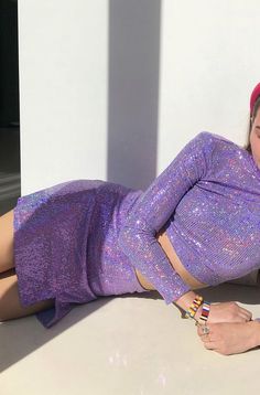 Purple Sparkly Two Piece Set, Taylor Swift Purple Outfit, Purple New Years Outfit, Purple Glitter Outfit, Purple Glam Outfit, Sparkly Set Outfit, Purple Sparkle Outfit, Purple Sequin Outfit, Lavender Concert Outfit