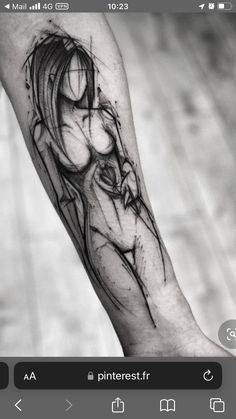 a black and white photo of a woman's arm with an abstract tattoo design on it