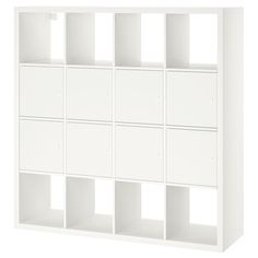 a white bookcase with six compartments on each side