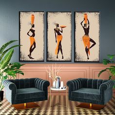 three framed art prints in a living room