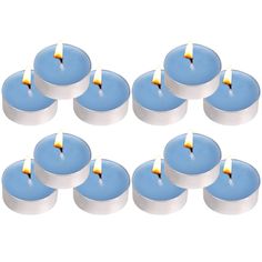 six blue candles are arranged in the shape of a circle with one candle lit up