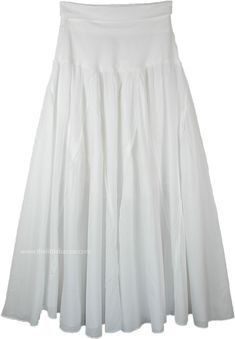 This flexible yoga waistband skirt in snow-white features an ankle length and full silhouette and it is stitched in vertical tiers giving the skirt an easy-going flow. This style hugs your hips beautifully and then the vertical tiers flow down to give the fullness and sway as you walk. This style is easy to wear, unique and good on most body types. A hybrid of femininity and sportswear is appropriate for both the office and vacation. It is great for a change from pants on hot summer nights. Stil White Fitted Maxi Skirt With Elastic Waistband, White Stretch Tiered Skirt, White Relaxed Full-length Maxi Skirt, White Full-length Skirt For Spring, White Full Length Skirt For Spring, White Full-length Maxi Skirt For Spring, White Full Length Maxi Skirt For Spring, White Full Skirt With Elastic Waistband, White Ruffled Full Skirt Bottoms