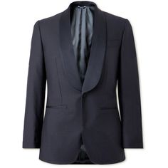 British designers Thom Whidett and Luke Sweeney trained on Savile Row before launching their own label, Thom Sweeney. Crafted in Italy, this slim-fit tuxedo jacket is tailored from a merino wool and mohair-blend and has matching, satin-trimmed shawl lapels. Designer Fitted Suit With Shawl Collar, Fitted Designer Sport Coat For Formal Occasions, Classic Fitted Tuxedo With Shawl Collar, Classic Fitted Suits With Shawl Collar, Single Breasted Fitted Suit With Shawl Collar, Fitted Single Breasted Suit With Shawl Collar, Designer Fitted Blazer With Shawl Collar, Fitted Wool Outerwear For Wedding, Fitted Tuxedo With Shawl Collar For Winter