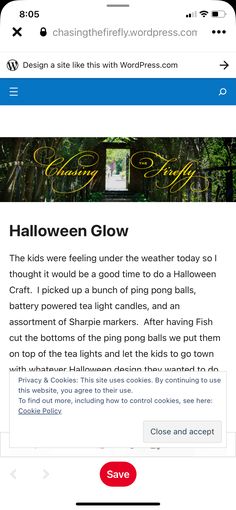 the wordpress website for halloween glow is displayed on an iphone screen, with text below it