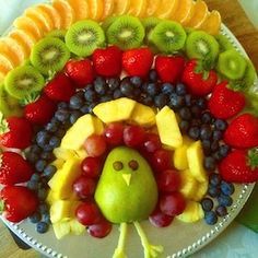 a turkey made out of fruit on a plate