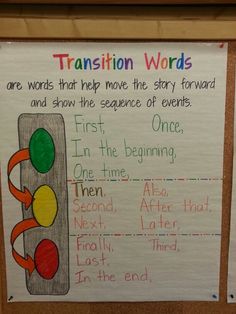 a bulletin board with writing on it that says transition words are words that help move the story forward and show the sequence of events