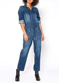 Denim Jumpsuit Wash: SIRIUS Contents: 100% Cotton Body Length: 54 1/2” Sleeve Length: 23 1/2” Knee: 19” Leg Opening: 16 1/2” Fits true to size.  Model is 5'10" wearing size small. Made in USA Long Sleeve Denim Jumpsuit, Workwear Style, Perfect Denim, Clothing Outfits, Jumpsuit Jacket, Workwear Fashion, Denim Style, Denim Jumpsuit, Colored Denim