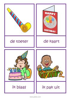 four cards with pictures of children's birthday items