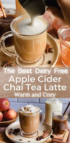 a mug of apple cider chai tea latte sits on a plate with spices and apples near by Apple Cider Chai Tea, Chai Tea Latte Concentrate Recipe, Caramel Milk Tea Recipe, Apple Cinnamon Tea Recipe, Starbucks Tea Recipes, Apple Cider Chai, Frothed Milk Recipes, Apple Cider Recipes, Chai Tea Concentrate