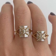 The baguette temple ring is an exquisite array of needle baguette diamonds that form geometrically around a center baguette. Baguette Engagement Ring With Band, Baguette Halo Engagement Ring, Artsy Rings, Temple Rings, Baguette Engagement Ring, Ring Baguette, Cute Engagement Rings, Future Engagement Rings, Baguette Diamond Rings