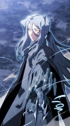 an anime character with long white hair and blue eyes standing in front of the sky