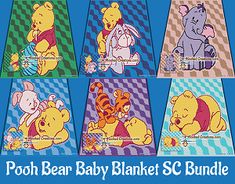 the winnie the pooh bear baby blanket sc bundle is shown in different colors and sizes